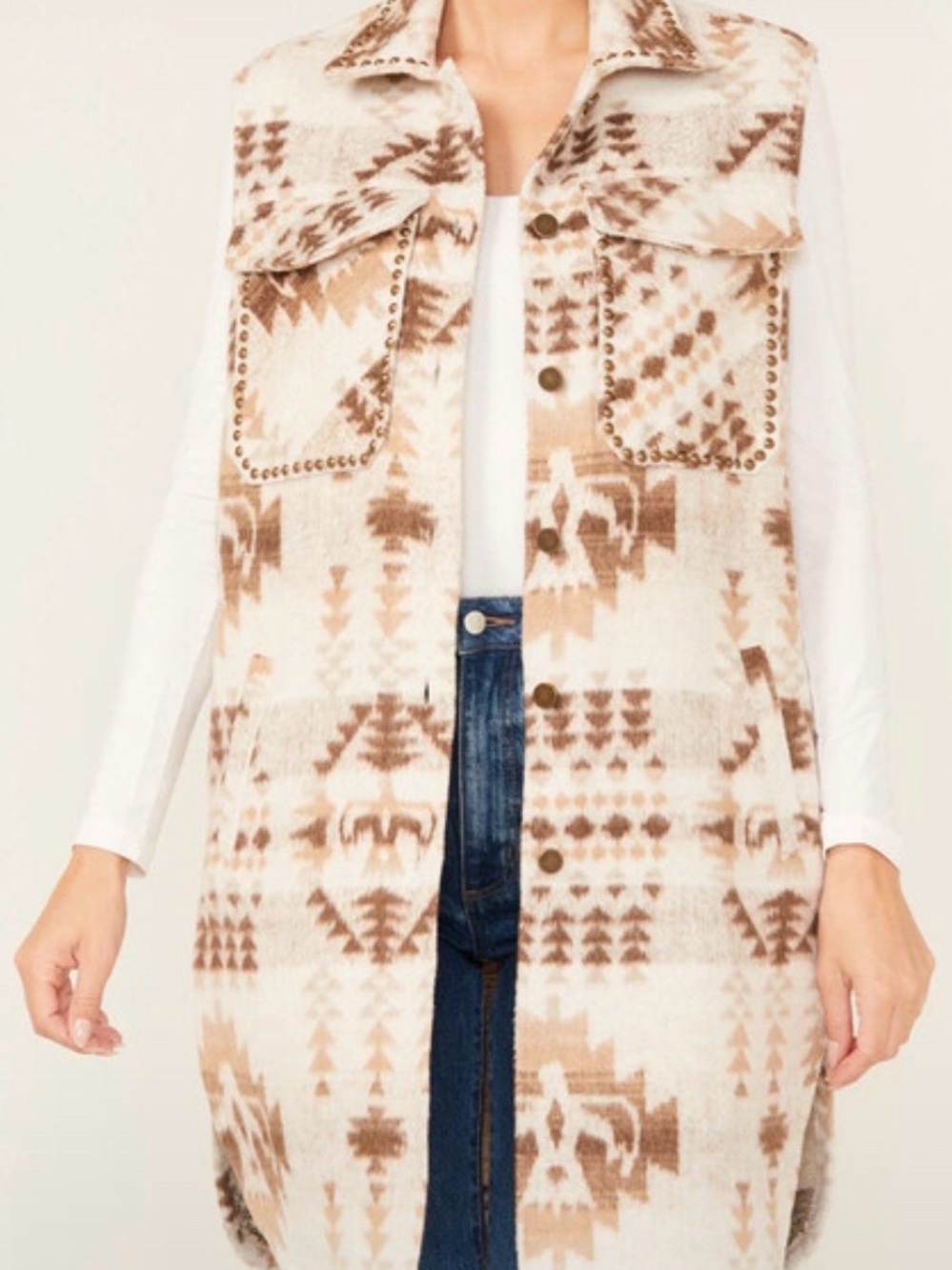 Ashley By 26 International Cream & Brown Aztec-Print Long Button Vest